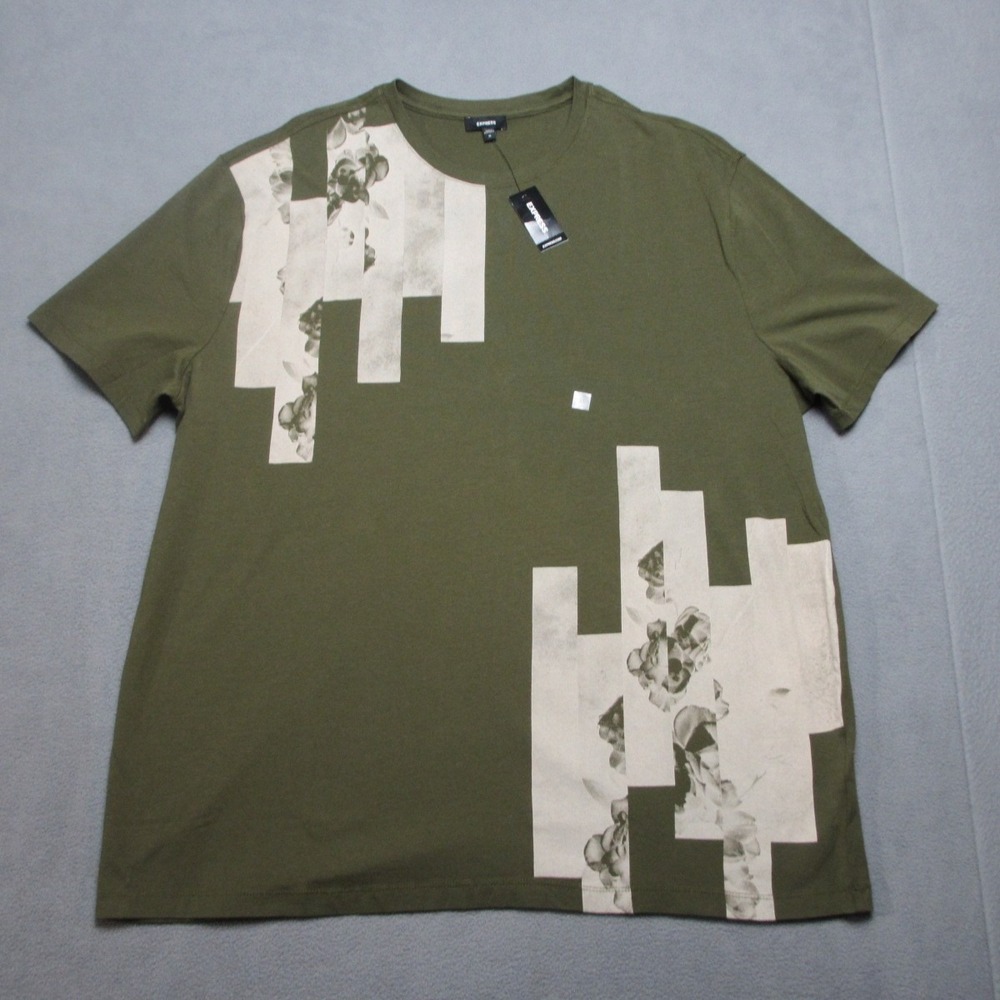 Express Shirt Mens XL Olive Green Abstract Art Casual Comfort Short Sleeve New